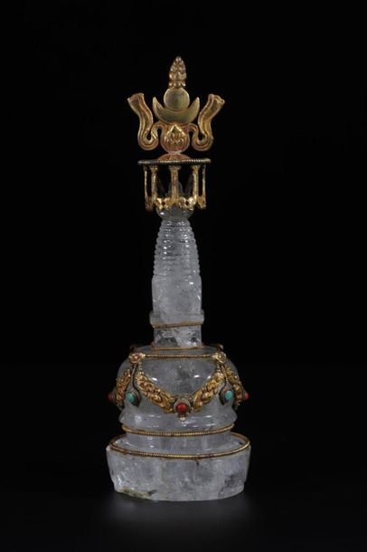 Rare Tibet Stupa in gilded bonze rock crystal...