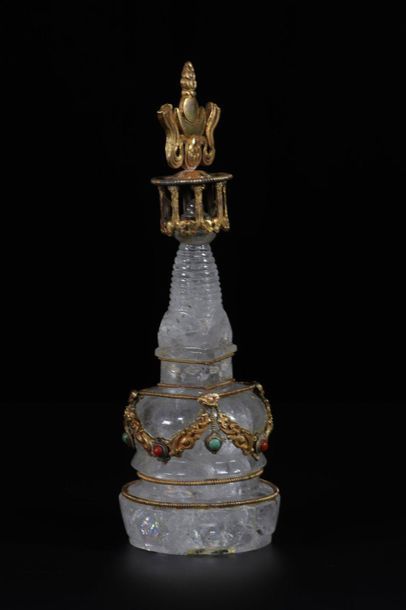 Rare Tibet Stupa in gilded bonze rock crystal...