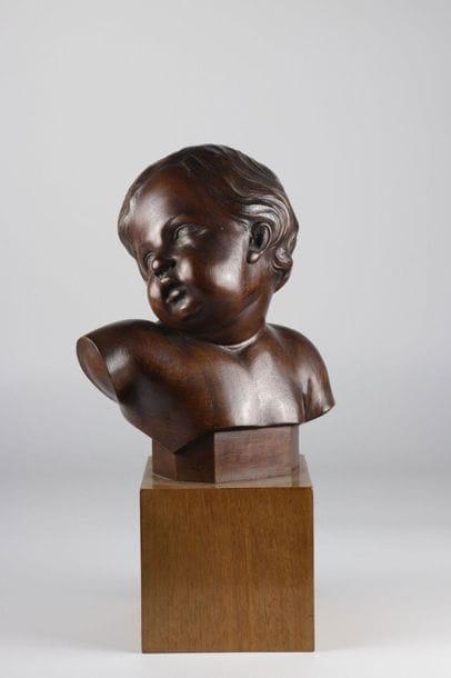 Europe Wooden sculpture bust of a child on...