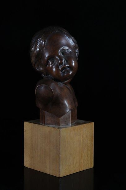 Europe Wooden sculpture bust of a child on...