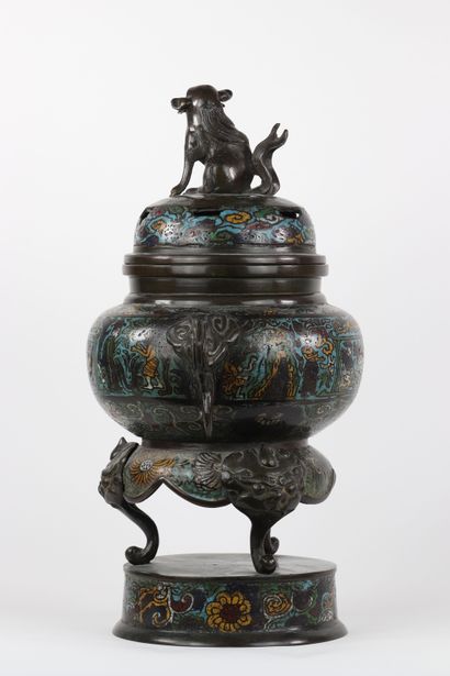 Asie brûle parfum en bronze cloisonné couvercle...