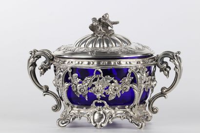 Confiturier en argent et cristal bleu de...