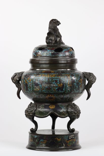 Asie brûle parfum en bronze cloisonné couvercle...