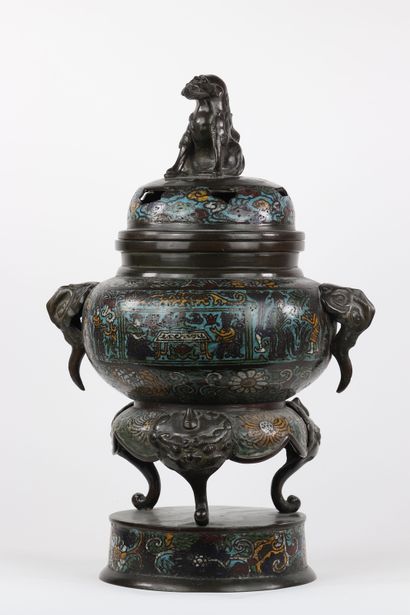 Asie brûle parfum en bronze cloisonné couvercle...