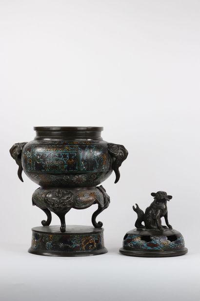Asie brûle parfum en bronze cloisonné couvercle...