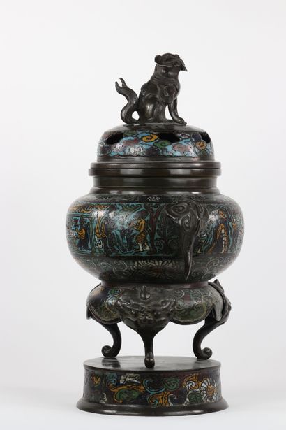 Asie brûle parfum en bronze cloisonné couvercle...