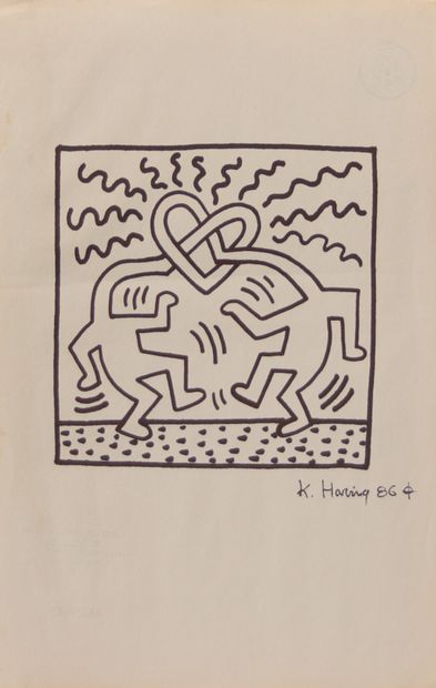 Keith Haring.« Dancing love ». Feutre noir...