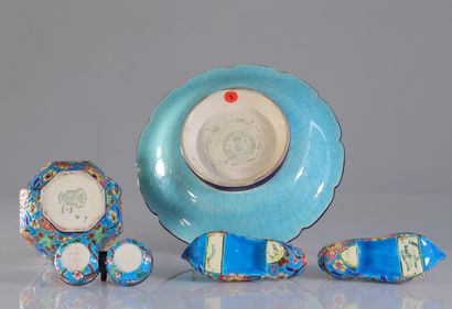 Emaux de Longwy corbeille vase salière et...