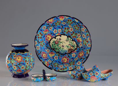 Emaux de Longwy corbeille vase salière et...