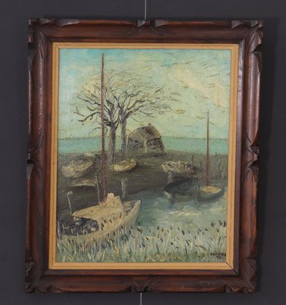 Huile sur panneau « vue de port signé Calère...
