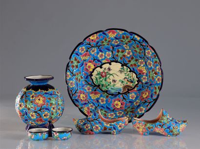 Emaux de Longwy corbeille vase salière et...