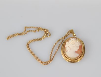 Pendentif camé et chaine en or jaune (18k)...