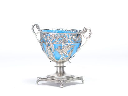 Silver and bluish-toned glass cruet, square...