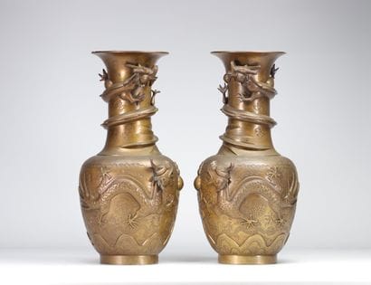 Pair of large Chinese bronze vases decorated...