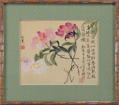 Chine, fleurs et calligraphie, gouache et...
