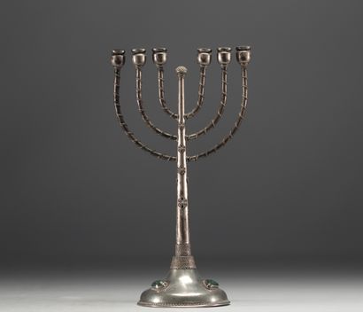 Judaica - Ménorah en argent massif, fleurs...