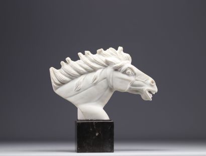 Buste de cheval en marbre blanc sculpté sur...