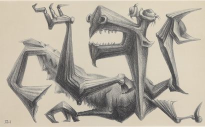 Lithographie représentant un dragon, monogrammée...