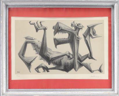 Lithographie représentant un dragon, monogrammée...