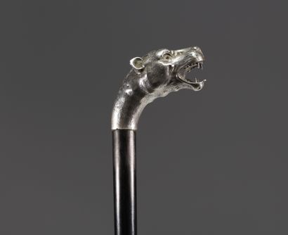 Canne Art Déco en argent massif à décor de...