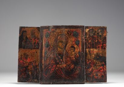 Icône Grecque Orthodoxe en triptyque, XVIIIème...