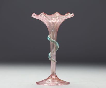 Murano - Vase sur pied en verre soufflé rose...
