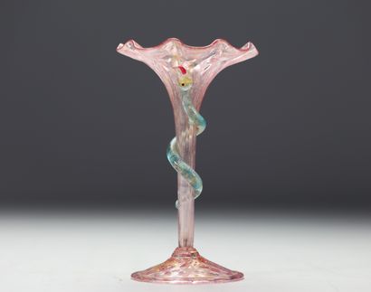Murano - Vase sur pied en verre soufflé rose...
