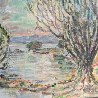 André HALLET (1890-1959). Le lac Kivu. Huile...