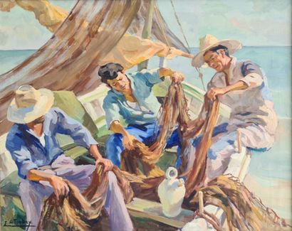 Elleen DE TOMBAY (1918-1998). Scène animée...