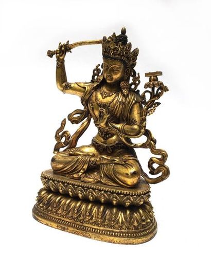 Majousri sitting on a lotiform base. Nepal,...