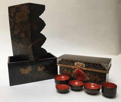 Two boxes with red and gold lacquered decoration...