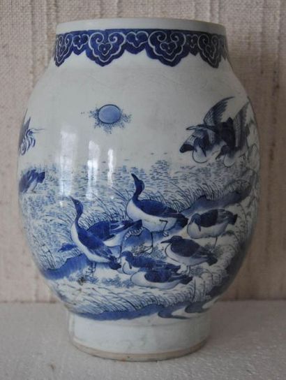 Blue and white porcelain vase with duck decoration....