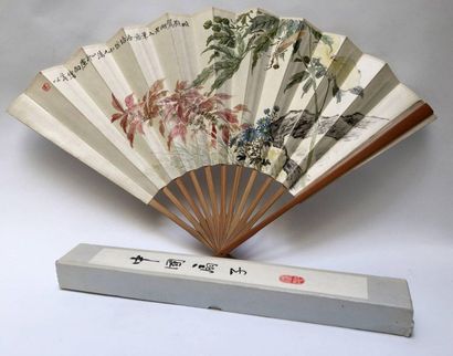 Bamboo fan and painting on paper: calligraphy...