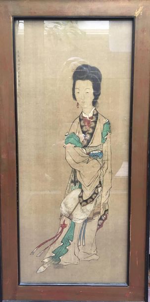 REPRODUCTION on paper: standing woman holding...