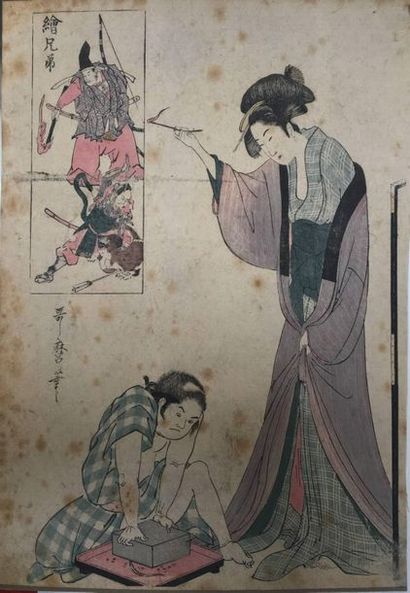 Utamaro. Jeune femme debout à ses pieds un...