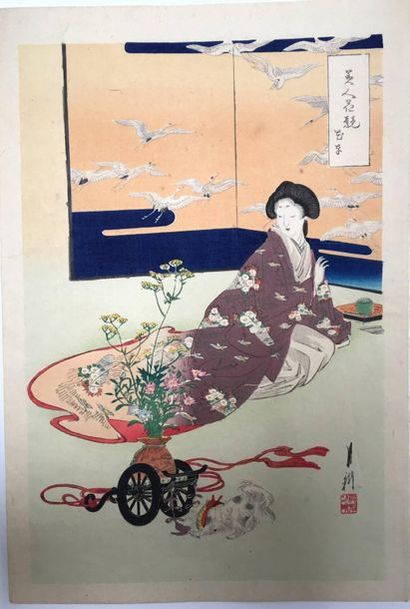 Ogata Gekko. Jeune femme et son chat devant...