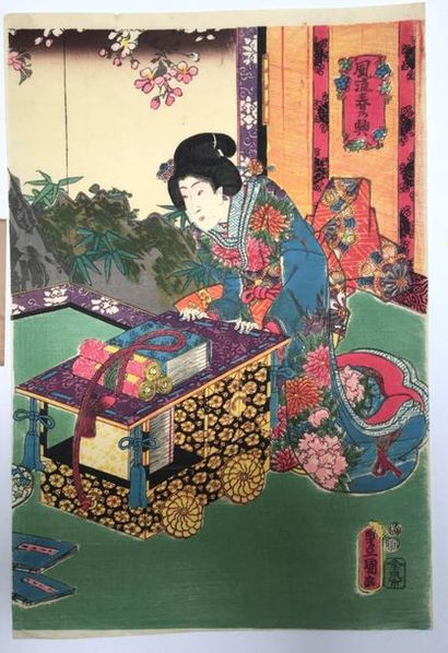 Toyokuni. Jeune femme poussant sa bibliothèque...