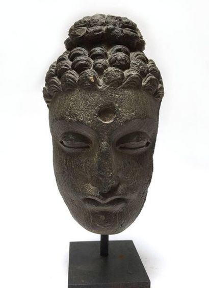 Buddha's face with its hair in fine curls,...