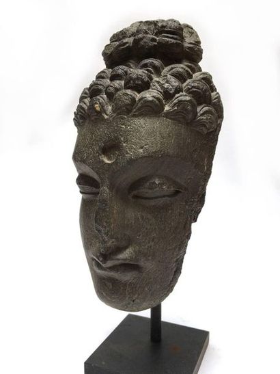Buddha's face with its hair in fine curls,...