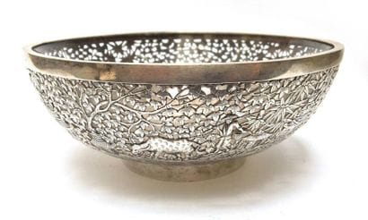 Openwork silver bowl with its glass cylinder...