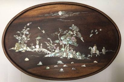 Oval wooden tray decorated with mother-of-pearl...