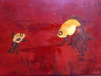 Three lacquered wooden panels with painted...