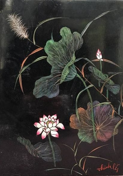 Three lacquered wooden panels with painted...