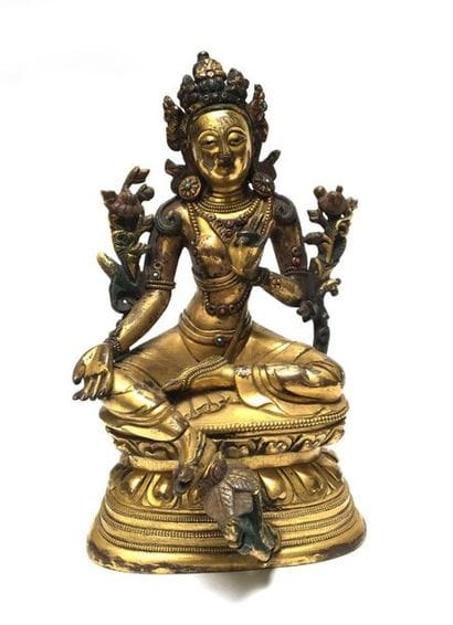 Green bronze Tara. Tibet-Nepal, 19th century....