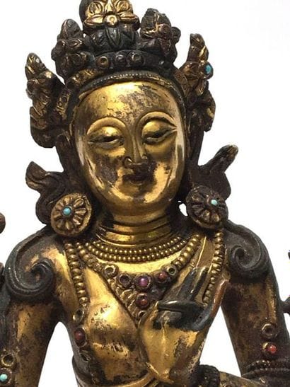 Green bronze Tara. Tibet-Nepal, 19th century....