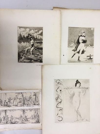 ENSEMBLE de gravures en noir, principalement...