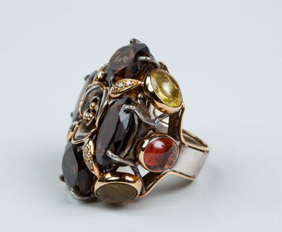 PIETRA DURA - IMPORTANTE BAGUE FLEUR en argent...