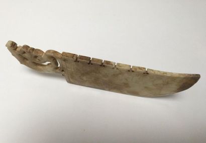 Pale yellow jade ritual knife with curved...
