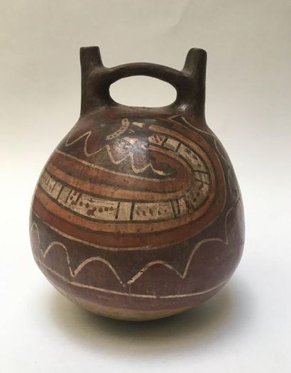 Ball vase with two spouts joined by a handle,...