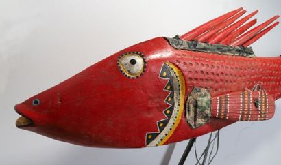 Puppet presenting a brightly coloured fish.

Polychrome...
